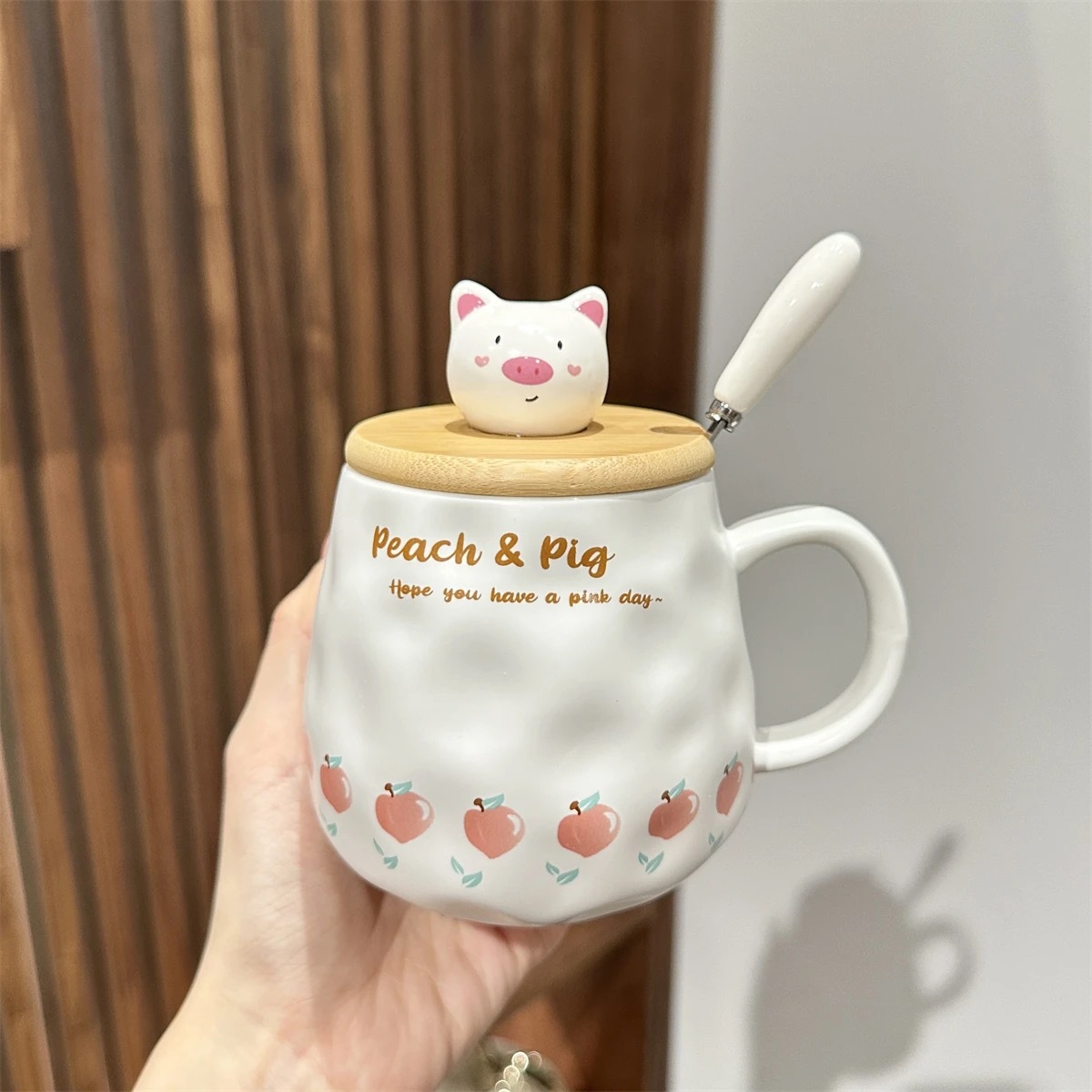 Pig & Peach Ceramic Mug with Lid and Spoon
