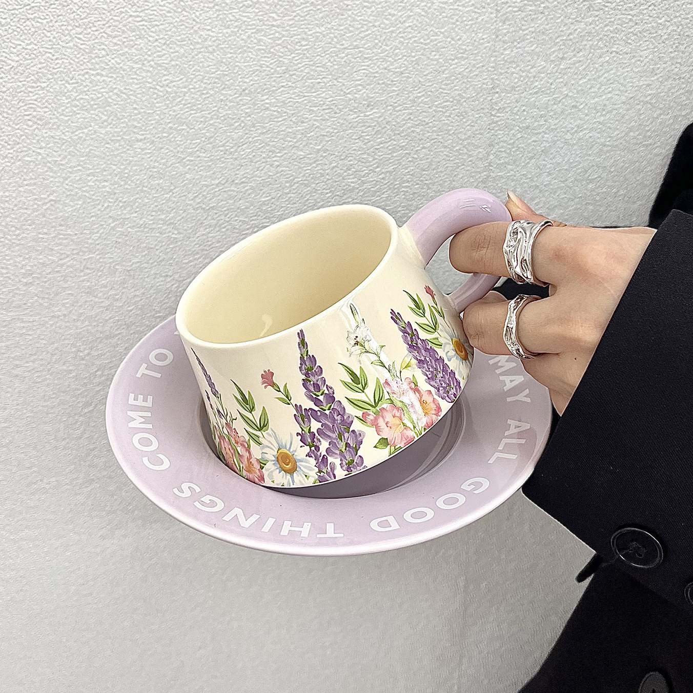 Lavender Floral Ceramic Cup and Saucer Set