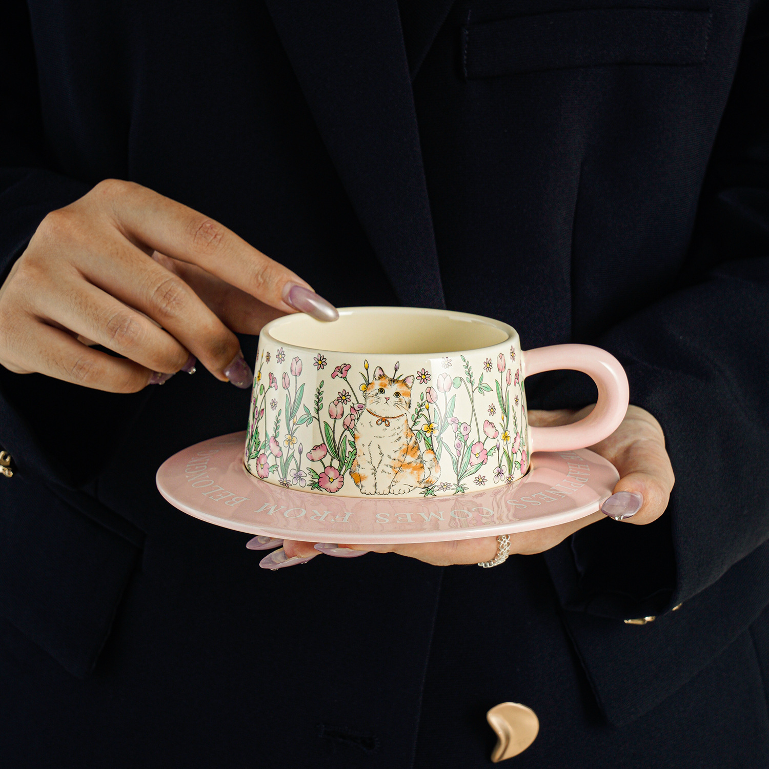 Cat and Floral Ceramic Cup and Saucer Set