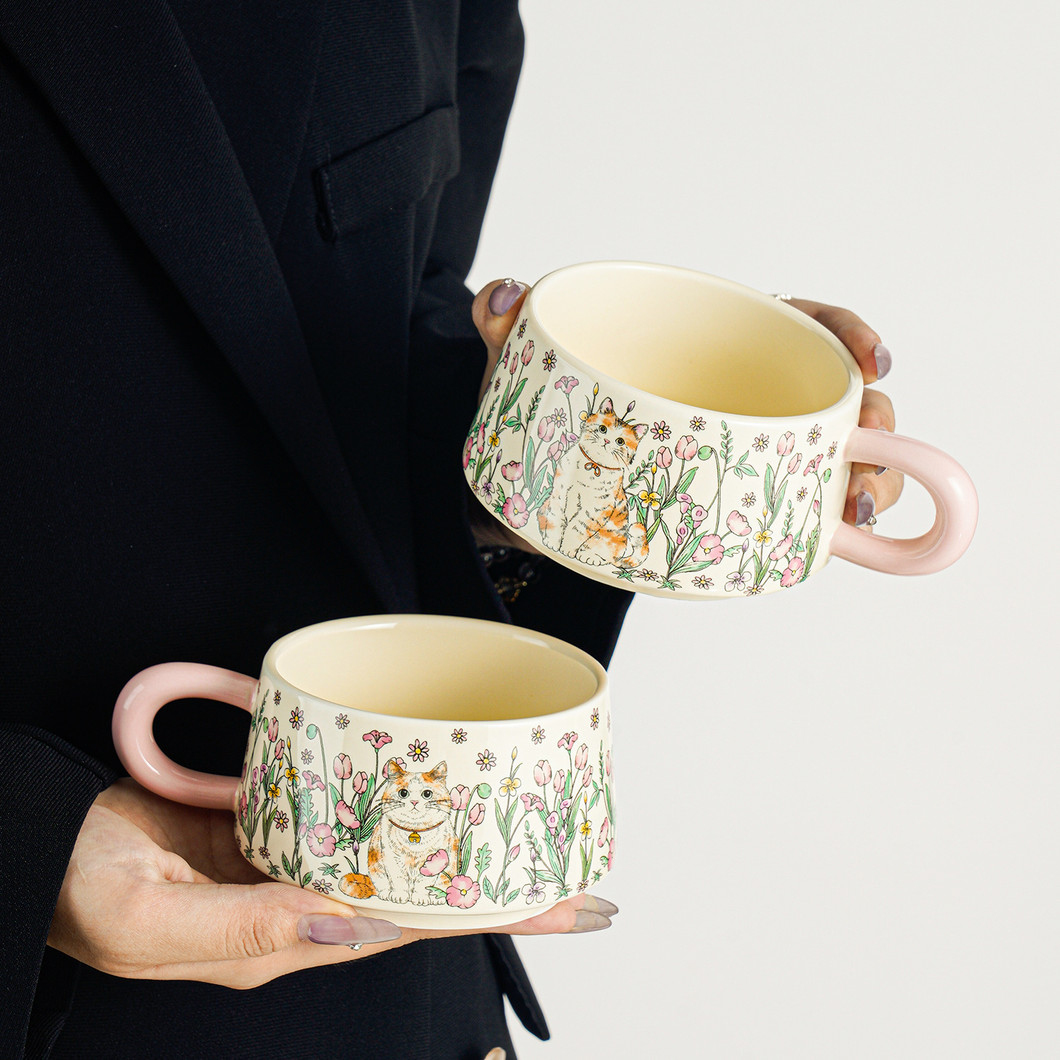 Cat and Floral Ceramic Cup and Saucer Set