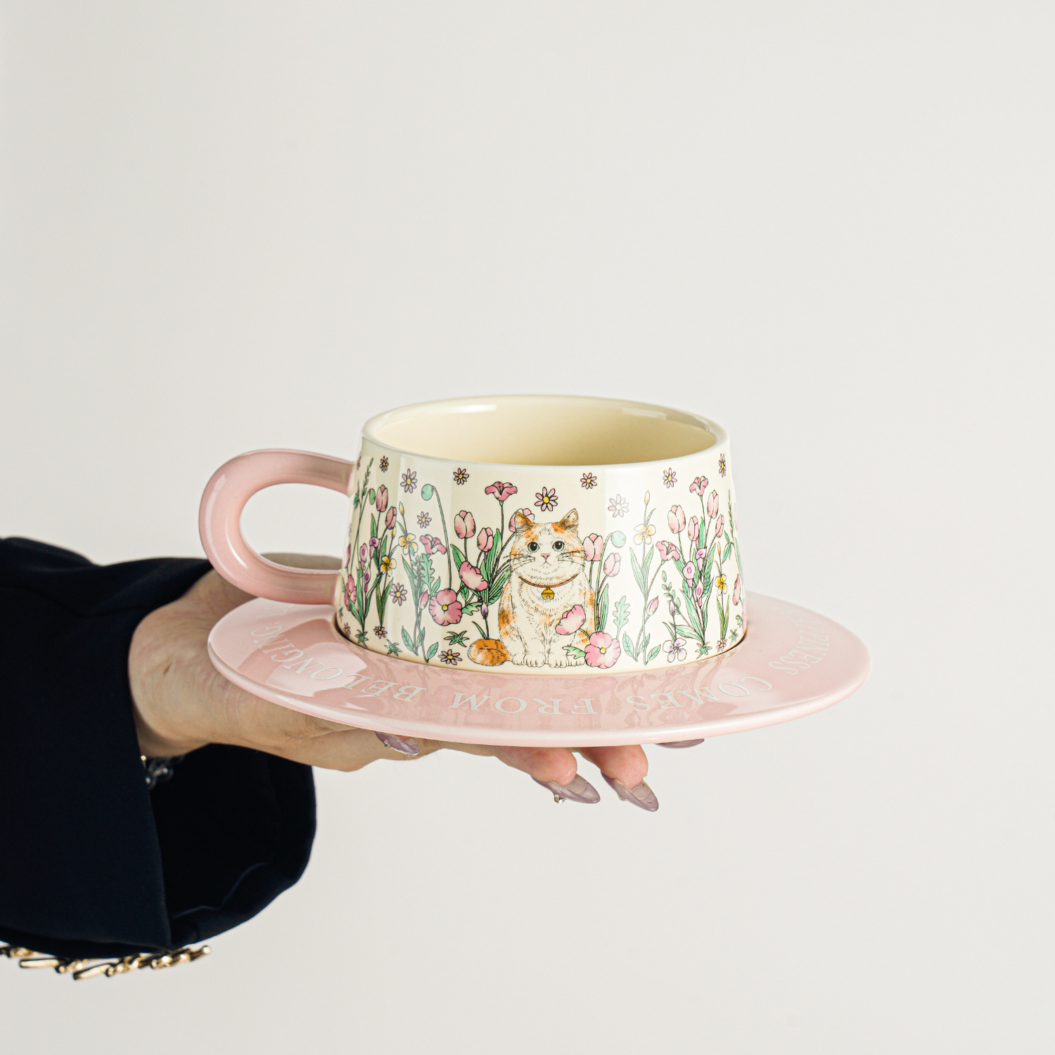 Cat and Floral Ceramic Cup and Saucer Set
