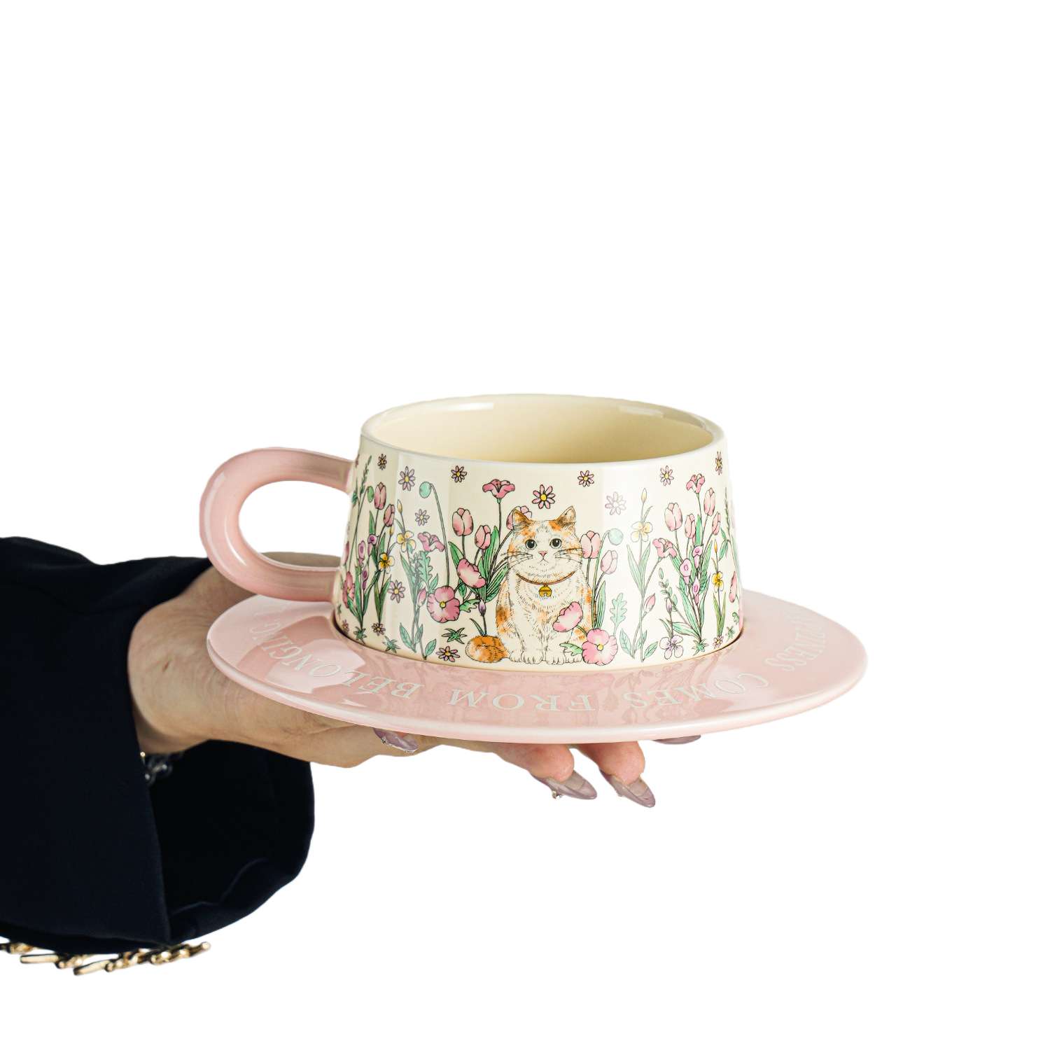 Cat and Floral Ceramic Cup and Saucer Set