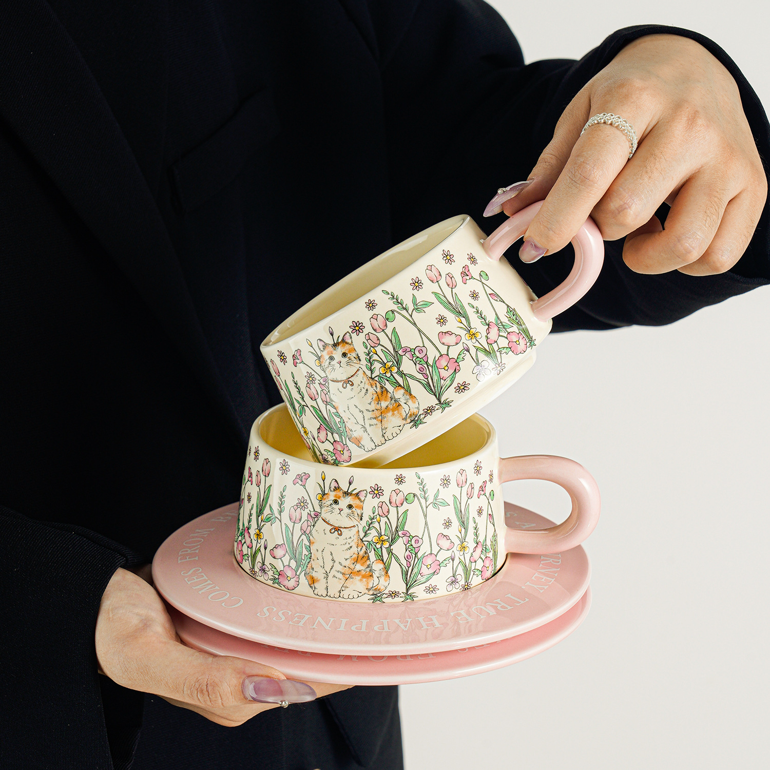 Cat and Floral Ceramic Cup and Saucer Set