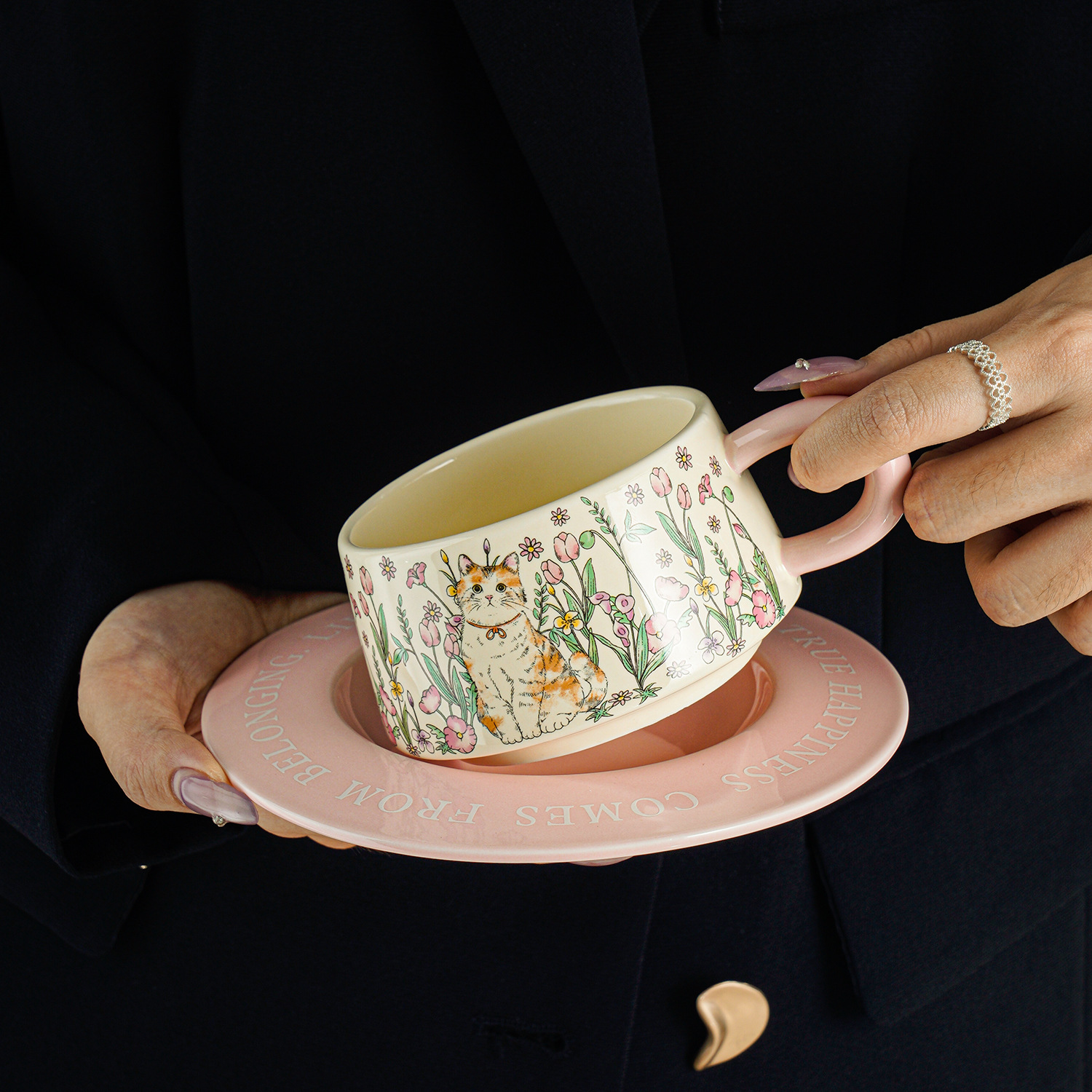Cat and Floral Ceramic Cup and Saucer Set
