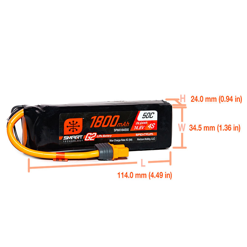Spektrum Accessories 14.8V 1800mAh 4S 50C Smart G2 LiPo Battery: IC3