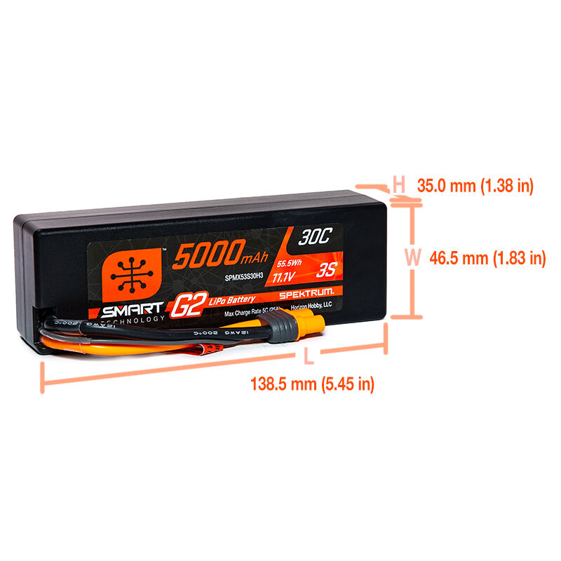 Spektrum Accessories 11.1V 5000mAh 3S 30C Smart G2 Hardcase LiPo Battery: IC3