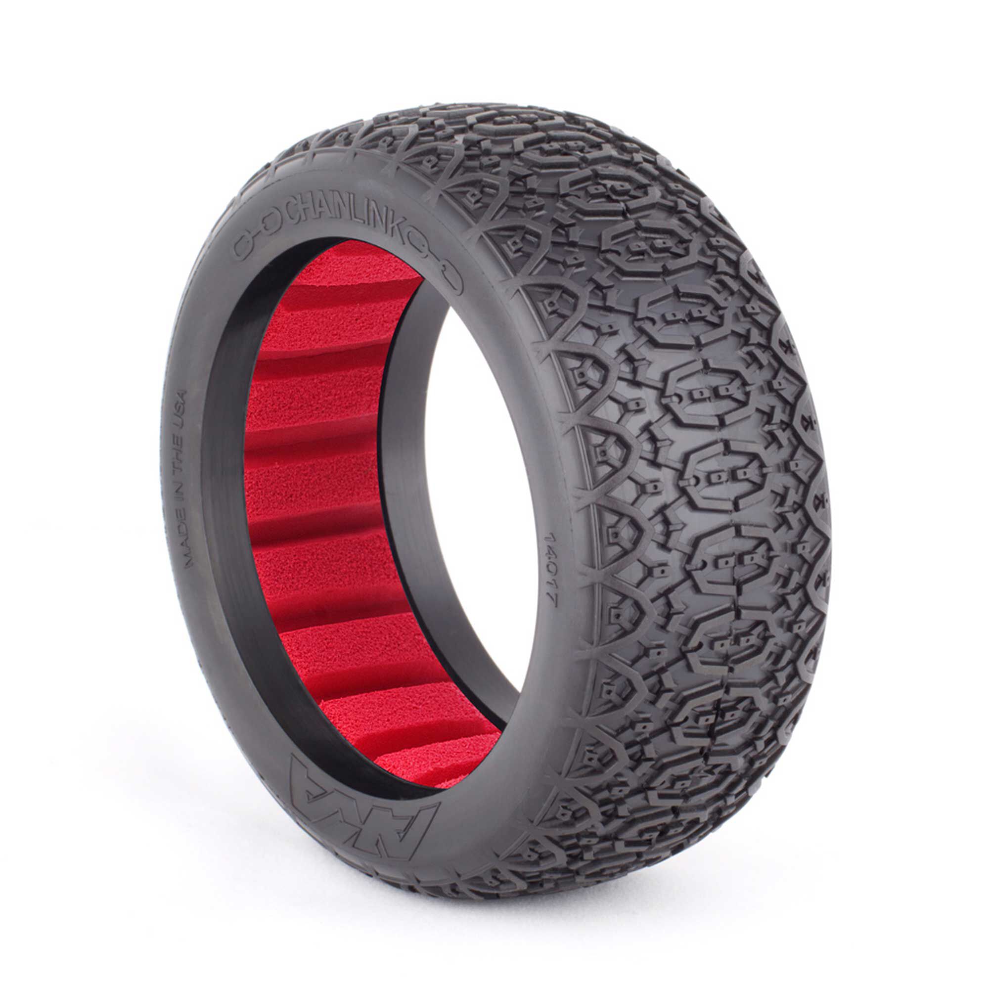 AKA PRODUCTS, INC. 1/8 Chain Link Medium Long Wear Tires, Red Inserts (2): Buggy